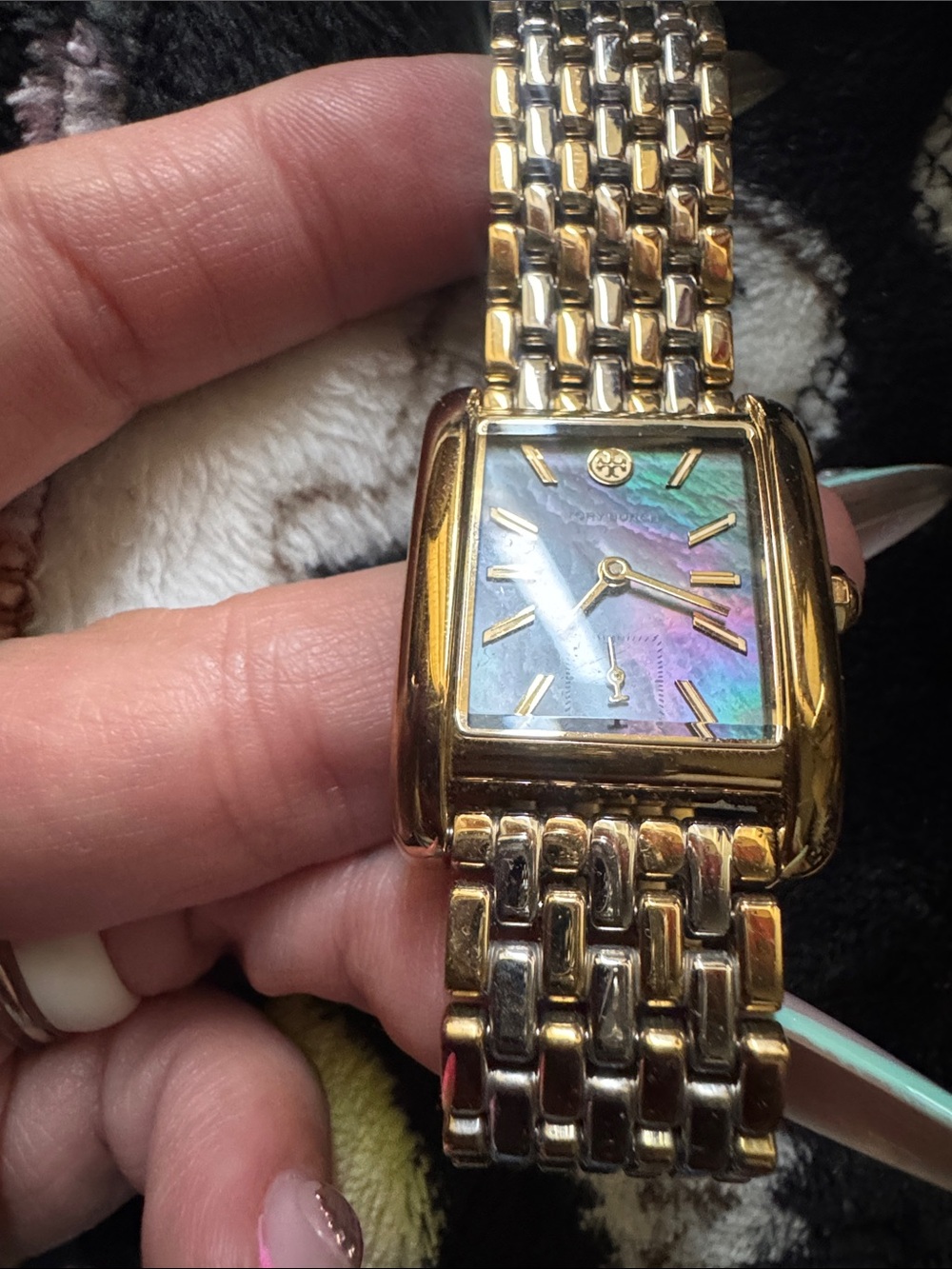 TORY BURCH ELEANOR MOTHER OF PEARL BLACK DIAL TWO TONE STEEL STRAP WATCH
